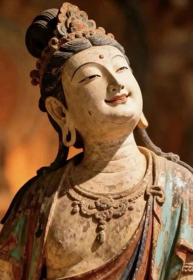 Painted Guanyin sculpture, close-up of the face and crown