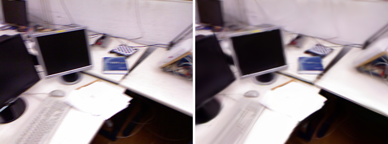 Ground-truth TUM desk frame beside a render from the trained Gaussian map